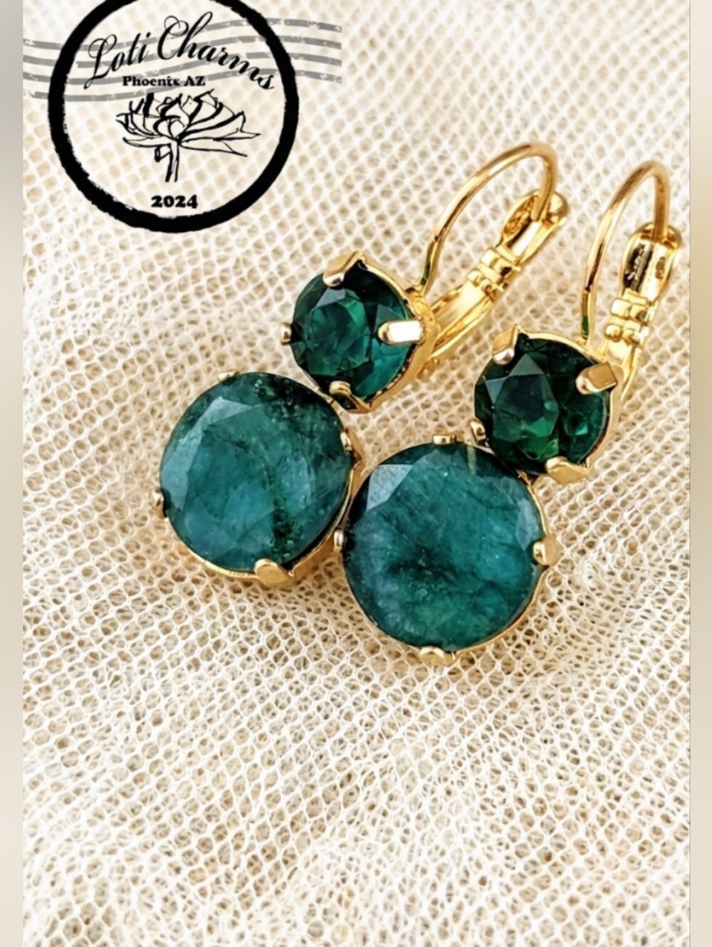 16 Carats Green Emerald  In 2 Settings In  18k Gold Plated Earrings